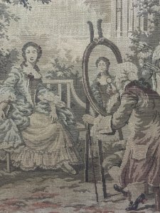 Wonderful French Tapestry Scene Depicting Sitting Noble Woman In Elaborate Powder Blue & Lemon Robe A La Francaise, Sitting In Outdoor Garden Setting, An Artist Paints Her Portrait At Easel Whilst She Gazes At Her Dashing Husband Standing Next To Her.
