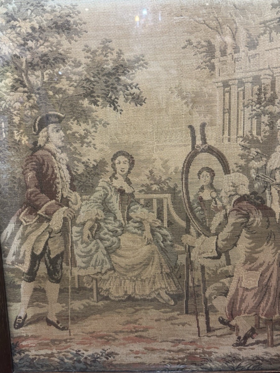 French Silk Tapestry 18c Courtiers In Garden Scene Fire-screen Hardwood Frame