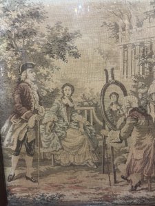 Wonderful French Tapestry Scene Depicting Sitting Noble Woman In Elaborate Powder Blue & Lemon Robe A La Francaise, Sitting In Outdoor Garden Setting, An Artist Paints Her Portrait At Easel Whilst She Gazes At Her Dashing Husband Standing Next To Her.
