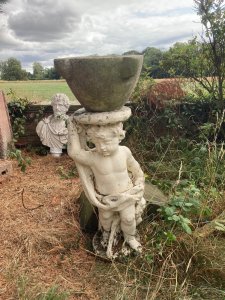 Rare Classical Statue Of Cherub Boy With Loincloth, And Eagle At His Feet. Platform Sits Overhead To Stand Original Crucible Stone Bowl. Genuine Antique Garden Showpiece. Signs Of Weathering Due to Age.