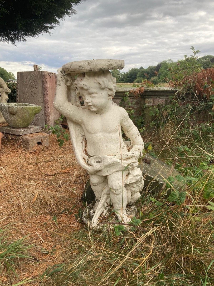 Large Classical Cherub Boy With Eagle And Crucible Bowl Garden Sculpture.