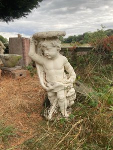 Rare Classical Statue Of Cherub Boy With Loincloth, And Eagle At His Feet. Platform Sits Overhead To Stand Original Crucible Stone Bowl. Genuine Antique Garden Showpiece. Signs Of Weathering Due to Age.