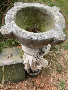 Rare Classical Statue Of Cherub Boy With Loincloth, And Eagle At His Feet. Platform Sits Overhead To Stand Original Crucible Stone Bowl. Genuine Antique Garden Showpiece. Signs Of Weathering Due to Age.