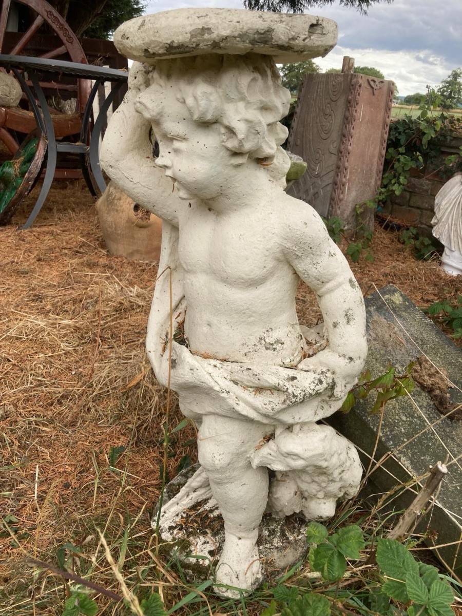 Large Classical Cherub Boy With Eagle And Crucible Bowl Garden Sculpture.
