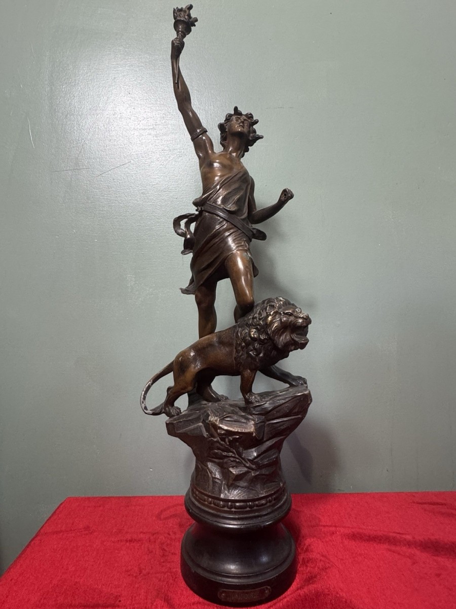 French Spelter Figural Sculpture Titled 'la Force' After Charles Lévy