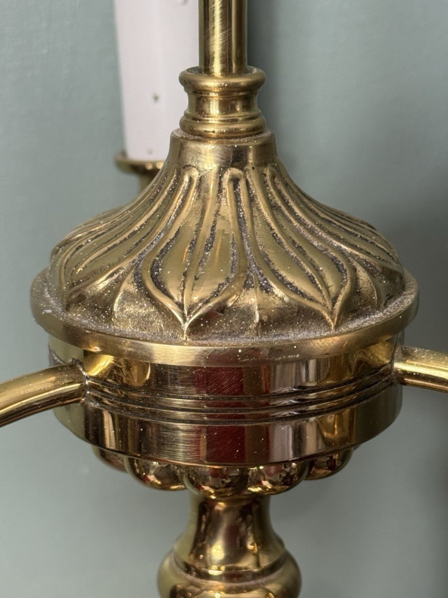 Ornate Antique Brass Triple Candelabra Desk/table Lamp With Acanthus Filigree