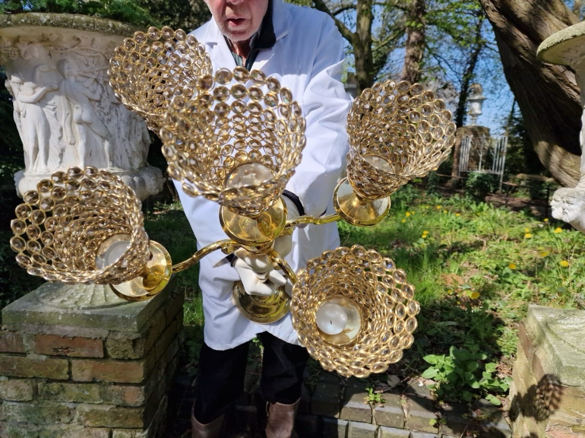 Liberace Style 5 Branch Gold & Crystal Bezel Mounted Candelabra