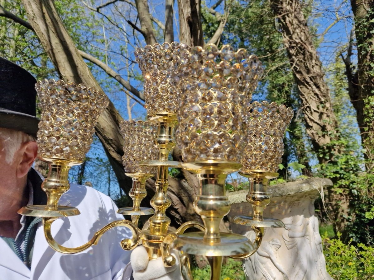 Liberace Style 5 Branch Gold & Crystal Bezel Mounted Candelabra