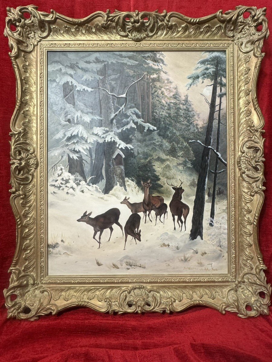 Primary image for Mid 20th Century 'the Spooking Of The Doe' Winter Scene By Artist J M Wood
