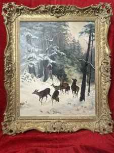 Artwork Title - The Spooking of The Doe By Artist J M Wood. An Abundance of Light Floods In Through The Top Of The Artwork, Illuminating The Pine Tree Branches And Fleeing Animals. A Bird House Sits Nestled On The Large Tree Trunk.