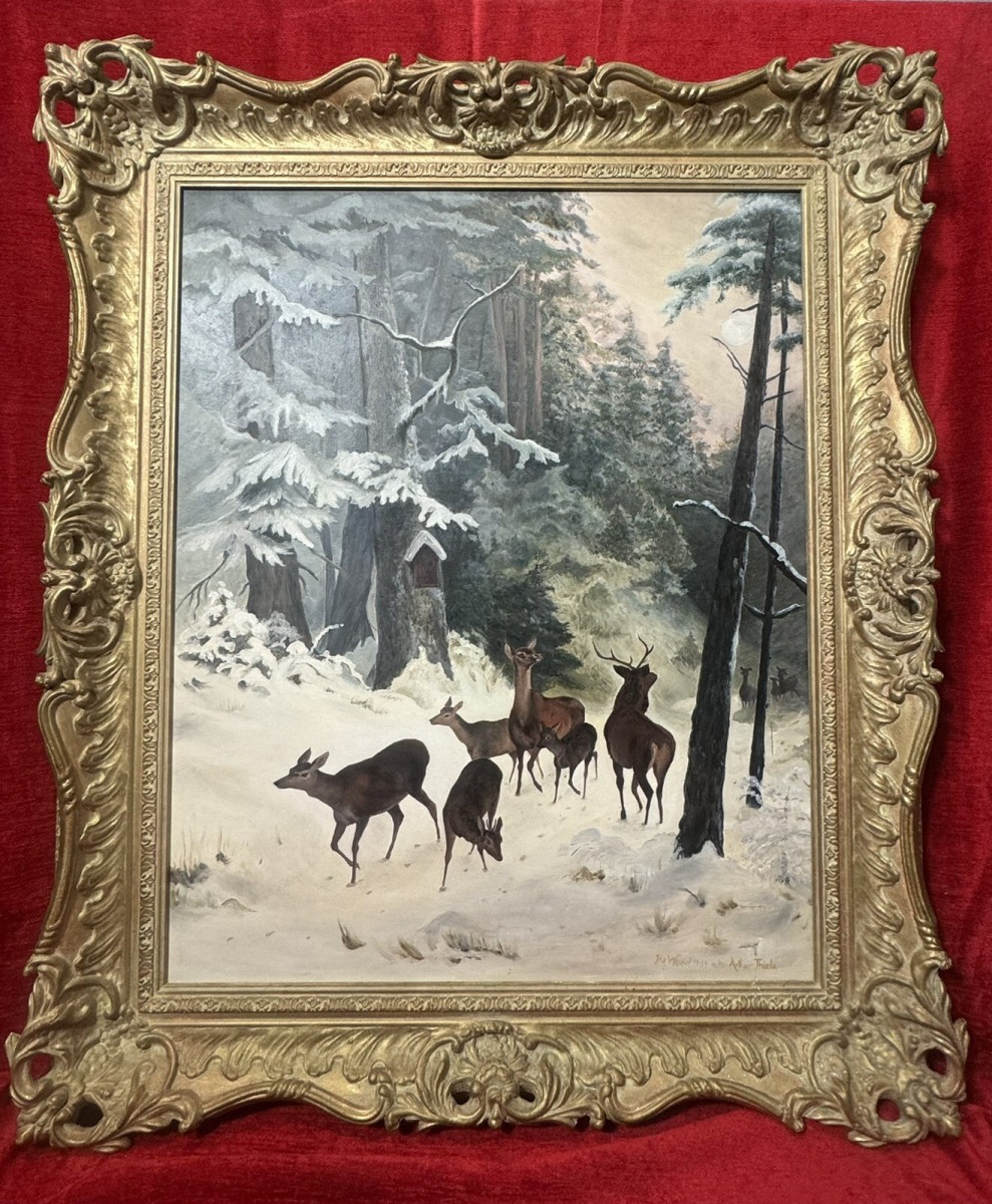 Mid 20th Century 'the Spooking Of The Doe' Winter Scene By Artist J M Wood
