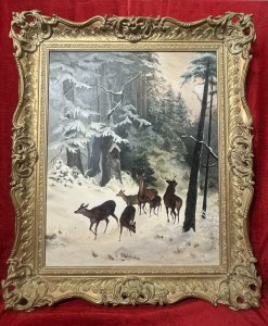 Artwork Title - The Spooking of The Doe By Artist J M Wood. An Abundance of Light Floods In Through The Top Of The Artwork, Illuminating The Pine Tree Branches And Fleeing Animals. A Bird House Sits Nestled On The Large Tree Trunk.