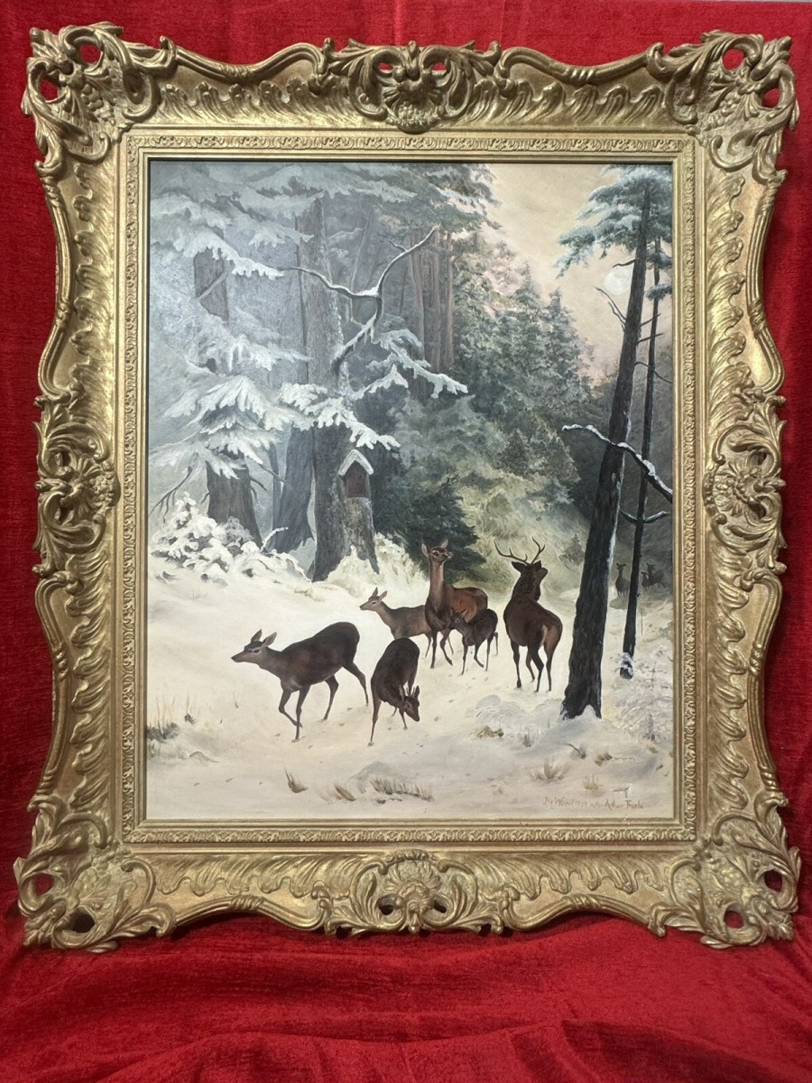 Mid 20th Century 'the Spooking Of The Doe' Winter Scene By Artist J M Wood