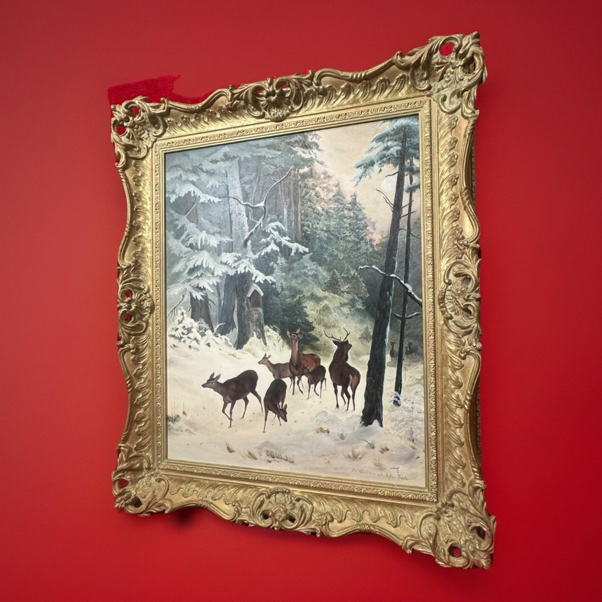 Mid 20th Century 'the Spooking Of The Doe' Winter Scene By Artist J M Wood