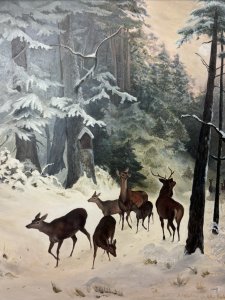 Artwork Title - The Spooking of The Doe By Artist J M Wood. An Abundance of Light Floods In Through The Top Of The Artwork, Illuminating The Pine Tree Branches And Fleeing Animals. A Bird House Sits Nestled On The Large Tree Trunk.
