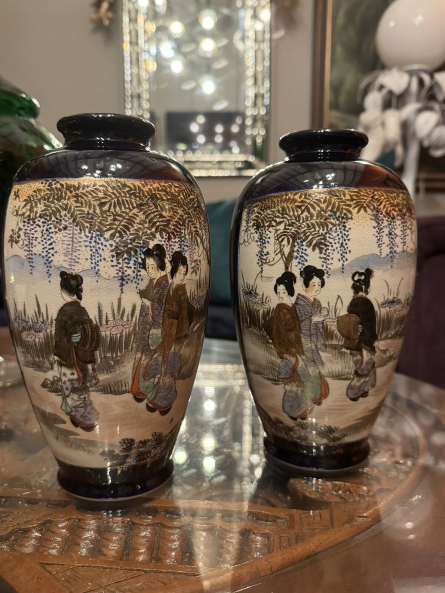 Primary image for Pair Of Antique 19thc Japanese Porcelain Satsuma Meiji Period Hand Painted Vases