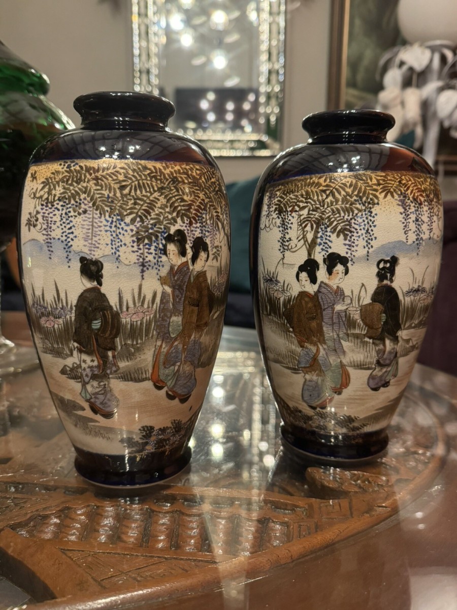 Pair Of Antique 19thc Japanese Porcelain Satsuma Meiji Period Hand Painted Vases