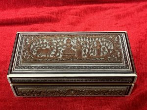 Fine Quality Antique Anglo Indian Carved Jewellrey Casket. Box Interior With Sapphire Velvet. Composition - Carved Sandalwood. Height 6.5cm (Closed ) Width 21cm X Depth 11.5cm.