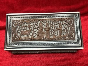 Fine Quality Antique Anglo Indian Carved Jewellrey Casket. Box Interior With Sapphire Velvet. Composition - Carved Sandalwood. Height 6.5cm (Closed ) Width 21cm X Depth 11.5cm.