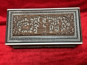 Fine Quality Antique Anglo Indian Carved Jewellrey Casket. Box Interior With Sapphire Velvet. Composition - Carved Sandalwood. Height 6.5cm (Closed ) Width 21cm X Depth 11.5cm.