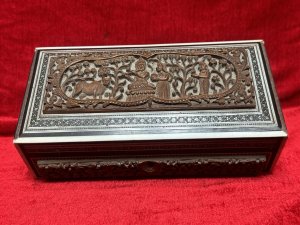 Fine Quality Antique Anglo Indian Carved Jewellrey Casket. Box Interior With Sapphire Velvet. Composition - Carved Sandalwood. Height 6.5cm (Closed ) Width 21cm X Depth 11.5cm.