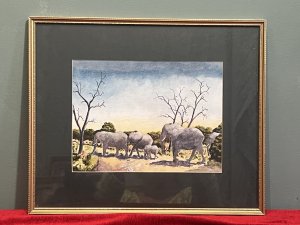 Composition - Watercolour on Vellum. Finely Painted Artwork Of Heard Of Elephants In Their Native Land. Signed by Artist Brain Jones Numbered 477. Brian E Jones b1948. Brief Artist History.