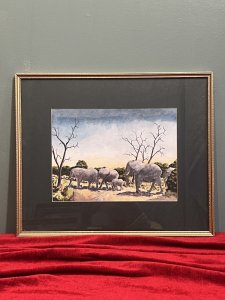Composition - Watercolour on Vellum. Finely Painted Artwork Of Heard Of Elephants In Their Native Land. Signed by Artist Brain Jones Numbered 477. Brian E Jones b1948. Brief Artist History.