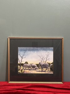 Composition - Watercolour on Vellum. Finely Painted Artwork Of Heard Of Elephants In Their Native Land. Signed by Artist Brain Jones Numbered 477. Brian E Jones b1948. Brief Artist History.