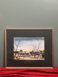 Composition - Watercolour on Vellum. Finely Painted Artwork Of Heard Of Elephants In Their Native Land. Signed by Artist Brain Jones Numbered 477. Brian E Jones b1948. Brief Artist History.
