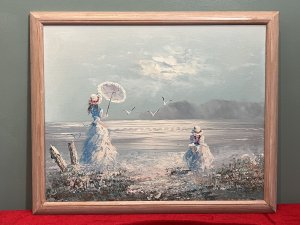 Contemporary Pastel Impressionist Seaview Bay Scene With Mother And Daughter