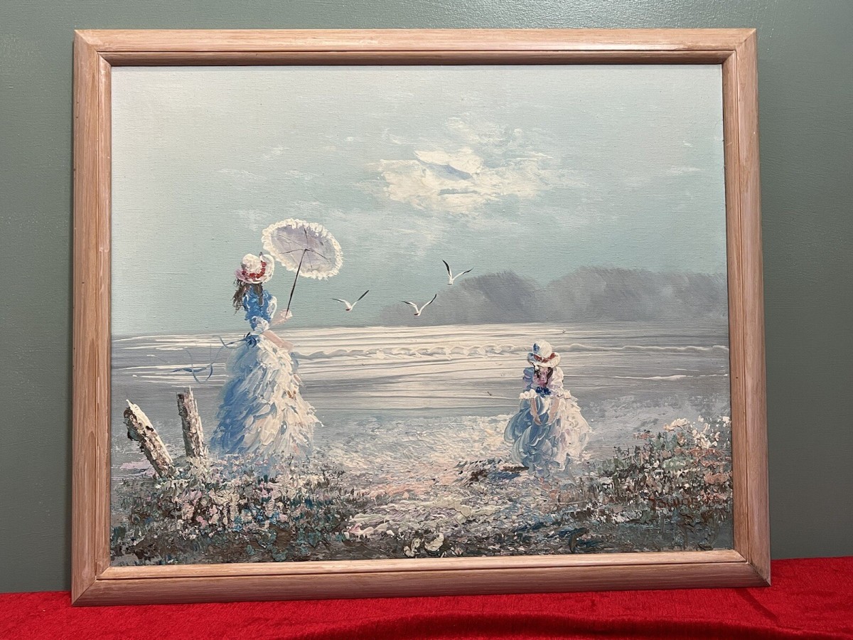 Contemporary Pastel Impressionist Seaview Bay Scene With Mother And Daughter
