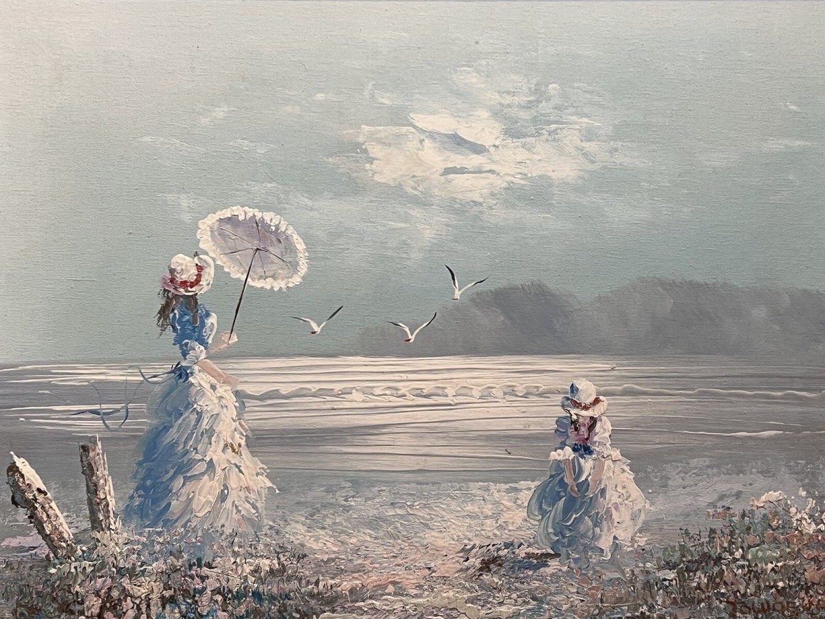 Contemporary Pastel Impressionist Seaview Bay Scene With Mother And Daughter