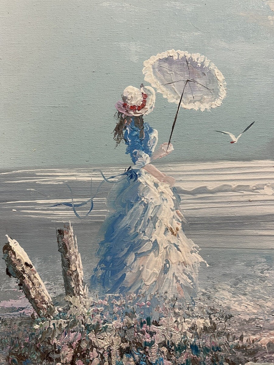 Contemporary Pastel Impressionist Seaview Bay Scene With Mother And Daughter