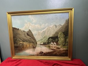 Signed And Dated by Artist N DARLOW. 20th Century Fine Art Painting View Of Mont Blanc. Large Oil On Canvas Painting View Of Mont Blanc. Wonderful Original Landscape Oil Painting Showing Mont Blanc Mountain Range View In High Sun.