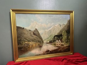 Signed And Dated by Artist N DARLOW. 20th Century Fine Art Painting View Of Mont Blanc. Large Oil On Canvas Painting View Of Mont Blanc. Wonderful Original Landscape Oil Painting Showing Mont Blanc Mountain Range View In High Sun.