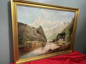 Signed And Dated by Artist N DARLOW. 20th Century Fine Art Painting View Of Mont Blanc. Large Oil On Canvas Painting View Of Mont Blanc. Wonderful Original Landscape Oil Painting Showing Mont Blanc Mountain Range View In High Sun.