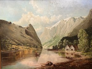 Signed And Dated by Artist N DARLOW. 20th Century Fine Art Painting View Of Mont Blanc. Large Oil On Canvas Painting View Of Mont Blanc. Wonderful Original Landscape Oil Painting Showing Mont Blanc Mountain Range View In High Sun.