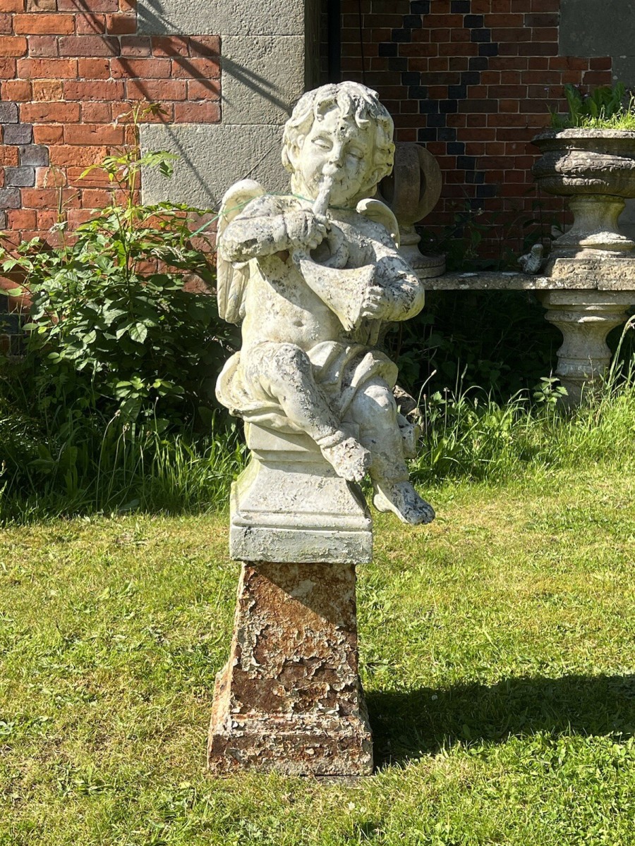 Primary image for Winged Cherub ‘the Horn Blower’ Garden Showpiece On Iron Plinth