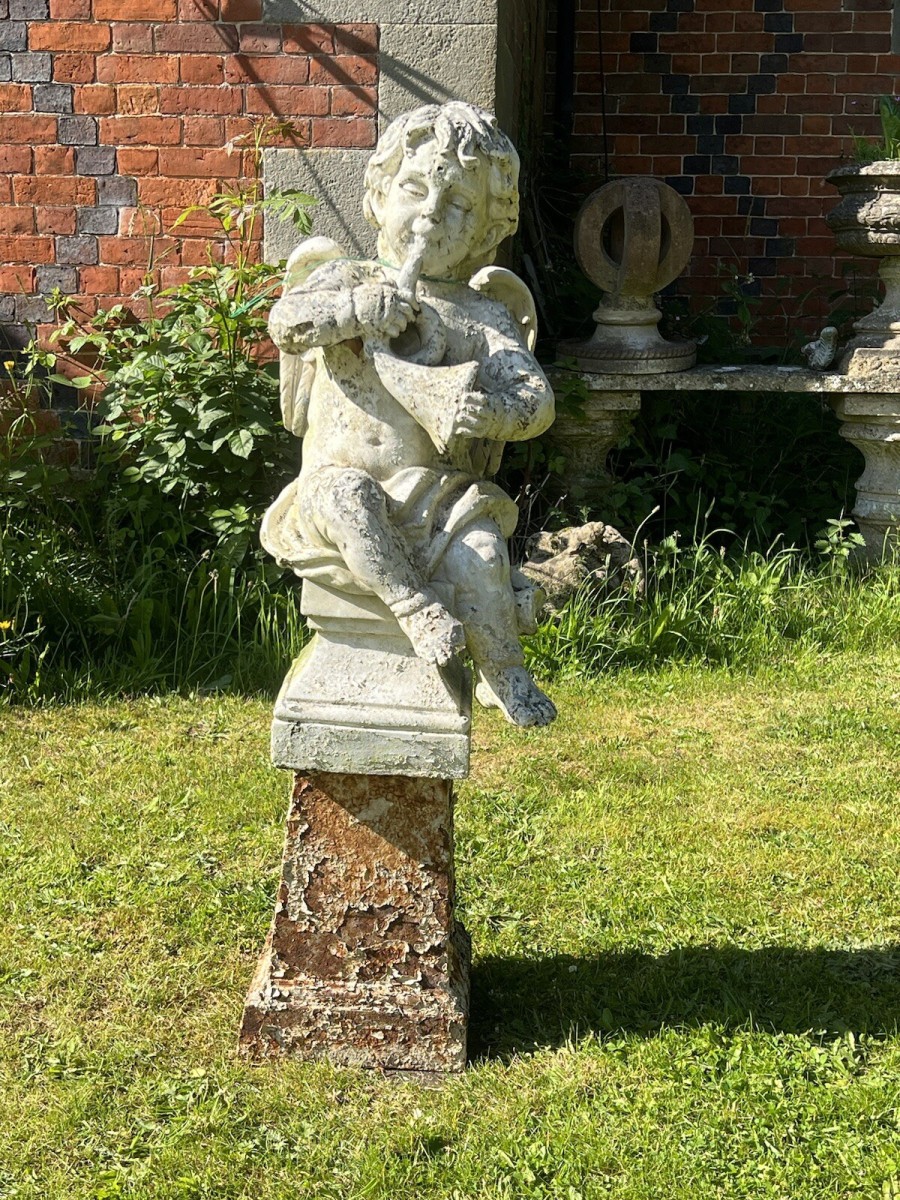 Winged Cherub ‘the Horn Blower’ Garden Showpiece On Iron Plinth