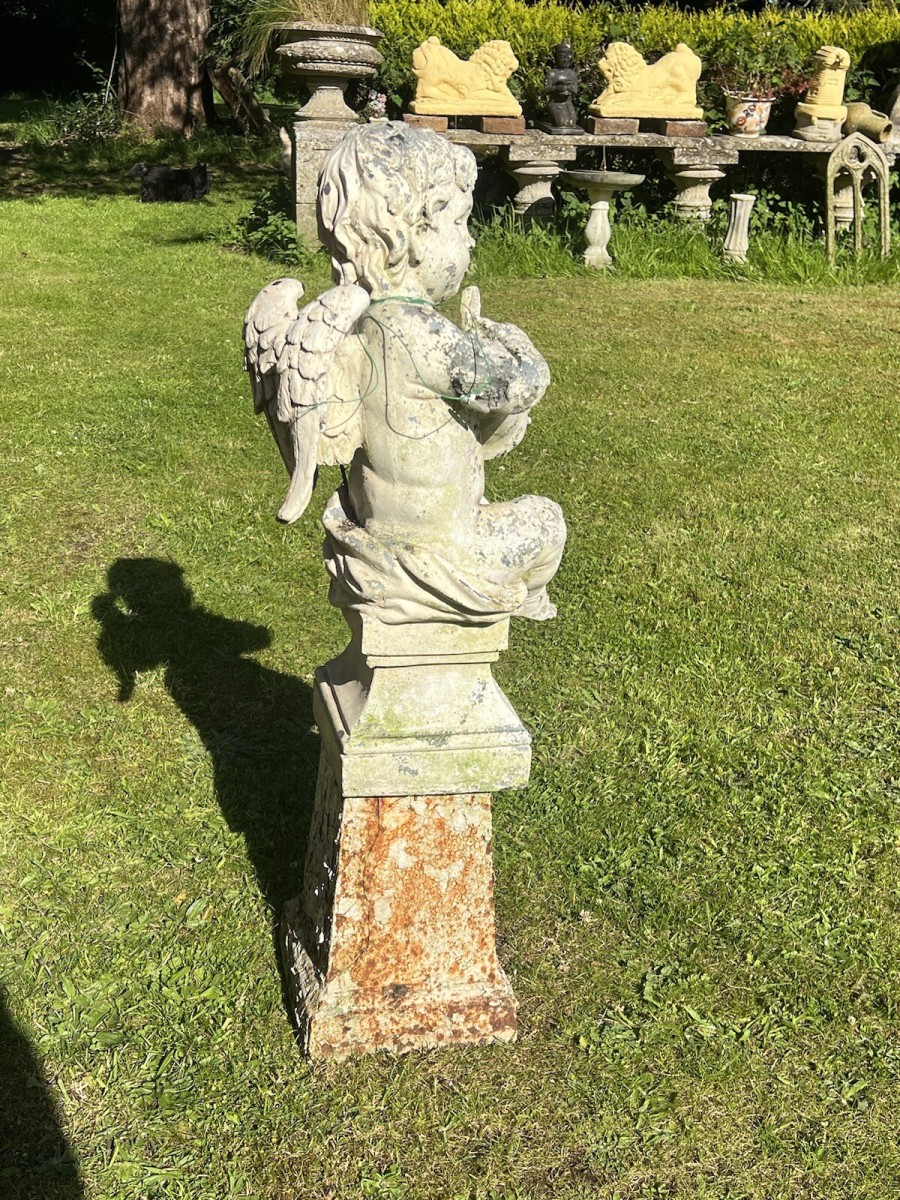 Winged Cherub ‘the Horn Blower’ Garden Showpiece On Iron Plinth