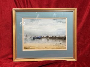 Artist - M Wainwright. Artwork Title - 'Reflections In The Sand'. Composition - Watercolour On Vellum. Fine Art Watercolour Depicting Hoylake Beach Scene Looking Out Towards The Sea. Rowing Boat Moored Next To Water Break Barrier, With Couple Walking Up The Beach Together.