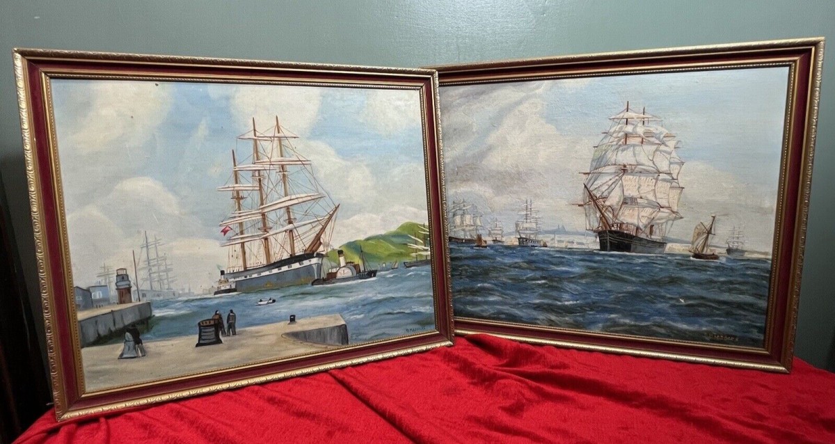 Primary image for Pair Of Maritime Oil Paintings Of Masted Scooner Sailing Ships Signed B Maddocks