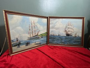 Both In Exceptionally Fine Detail. Signed By Artist B Maddocks. Vibrant Composition With Bright Skies, A Large Clipper Vessel Is Towed Out To Sea By Tug Boats. Stunning Perspective With Rolling Hills Ahead, Other Vessels Docked In The Distance.