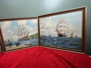 Both In Exceptionally Fine Detail. Signed By Artist B Maddocks. Vibrant Composition With Bright Skies, A Large Clipper Vessel Is Towed Out To Sea By Tug Boats. Stunning Perspective With Rolling Hills Ahead, Other Vessels Docked In The Distance.
