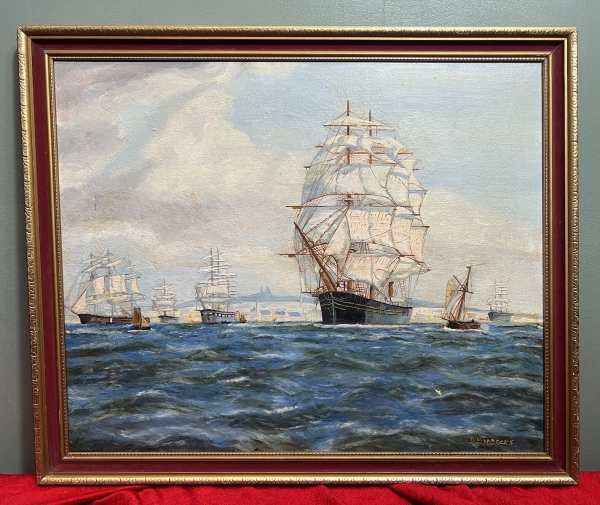 Pair Of Maritime Oil Paintings Of Masted Scooner Sailing Ships Signed B Maddocks