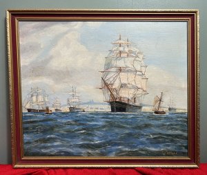 Both In Exceptionally Fine Detail. Signed By Artist B Maddocks. Vibrant Composition With Bright Skies, A Large Clipper Vessel Is Towed Out To Sea By Tug Boats. Stunning Perspective With Rolling Hills Ahead, Other Vessels Docked In The Distance.