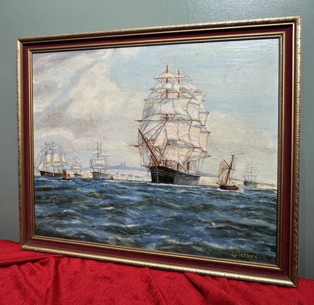 Pair Of Maritime Oil Paintings Of Masted Scooner Sailing Ships Signed B Maddocks