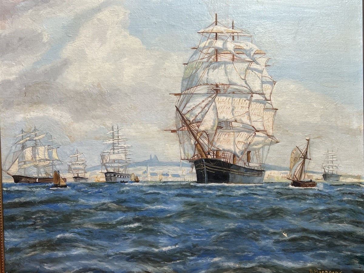 Pair Of Maritime Oil Paintings Of Masted Scooner Sailing Ships Signed B Maddocks