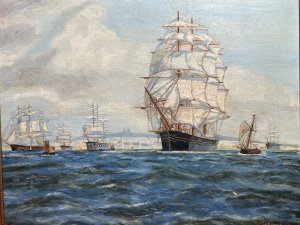 Both In Exceptionally Fine Detail. Signed By Artist B Maddocks. Vibrant Composition With Bright Skies, A Large Clipper Vessel Is Towed Out To Sea By Tug Boats. Stunning Perspective With Rolling Hills Ahead, Other Vessels Docked In The Distance.