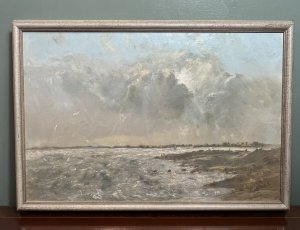 Artist - Gill Grinstead. Signed By Artist (Right Bottom Corner) Jill Grinstead. British School Impressionist Coastal Scene With Artwork Following Coastal Line Around A Rocky Bay. Textural Artwork In Thick Oils With Stormy Skies/ Choppy Sea Showcasing Moody Colour Pallet In Grey, Brown, Blue.